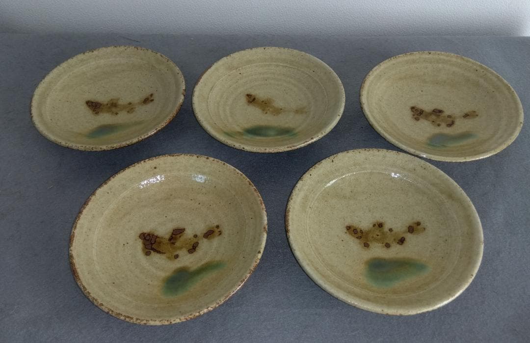 美濃焼の名工　佐藤公一郎　康元窯 　黄瀬戸 魚紋様　銘々皿(5客組)セット