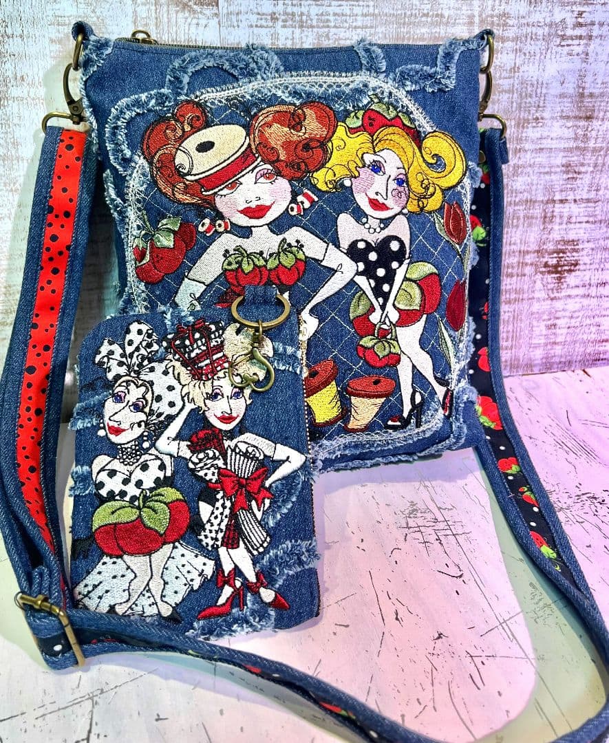 ロラライハリス♡ハートフリンジデニム♡刺繍のショルダーバッグ♡ケースセット