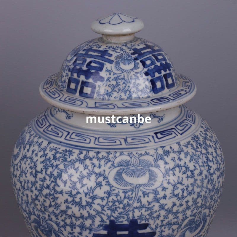 青花磁器四喜図将軍缶 景徳鎮 陶磁器 装飾品 現代工芸品 美術品 置物