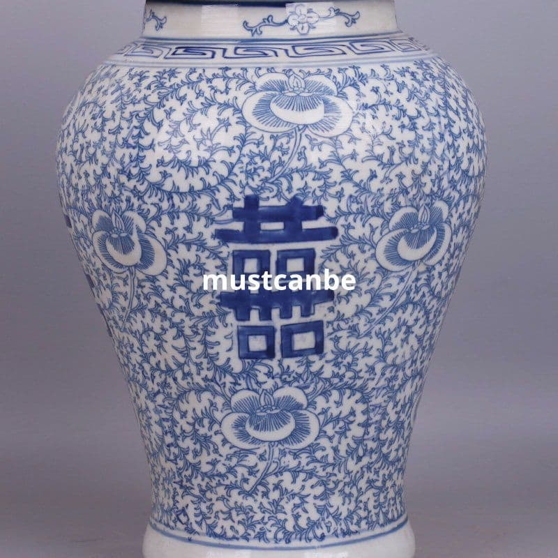 青花磁器四喜図将軍缶 景徳鎮 陶磁器 装飾品 現代工芸品 美術品 置物