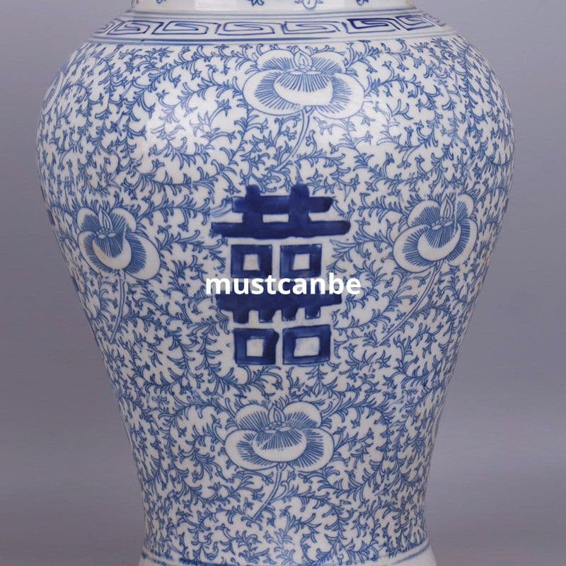 青花磁器四喜図将軍缶 景徳鎮 陶磁器 装飾品 現代工芸品 美術品 置物