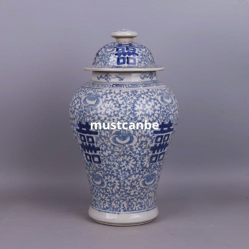 青花磁器四喜図将軍缶 景徳鎮 陶磁器 装飾品 現代工芸品 美術品 置物