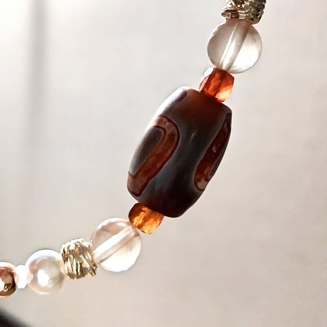 天珠 天然石 御守り 華奢ブレス【宝瓶天珠 黒鳶赤紋】超貴重 オレンジガーネット