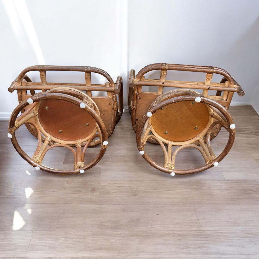 【ほぼ未使用】回転式ラタンチェア ロータイプ 2脚セット 昭和レトロ 幾何学模様