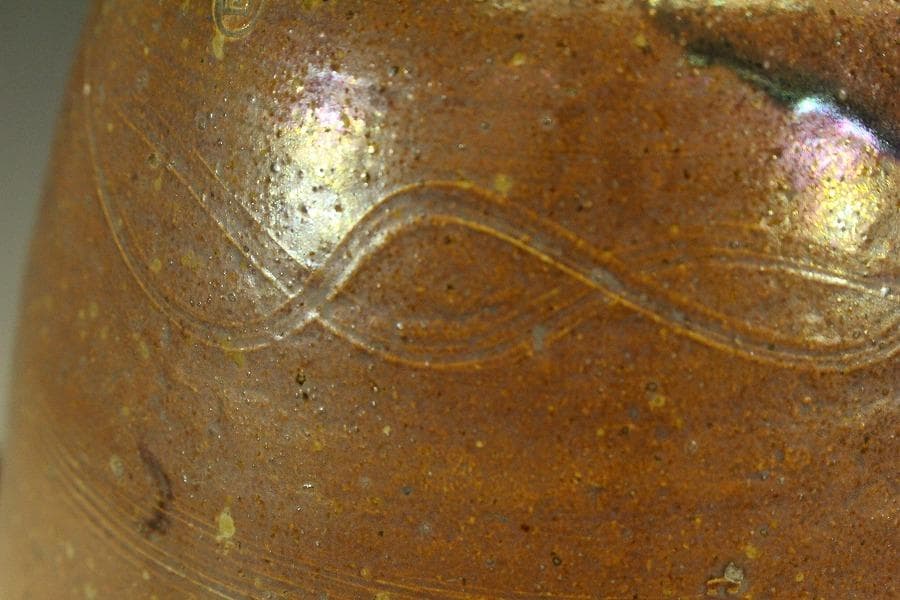 古瀬戸 櫛目 鉄釉 瓶 φ35.3cm 花沓 印(A318)