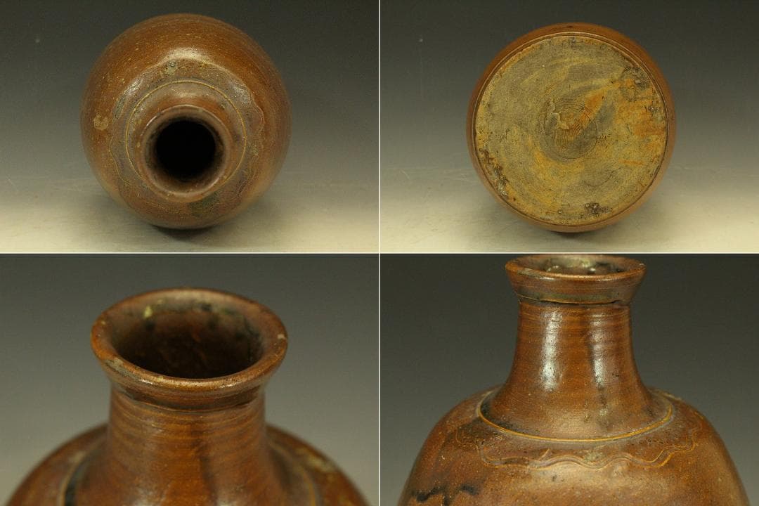 古瀬戸 櫛目 鉄釉 瓶 φ35.3cm 花沓 印(A318)