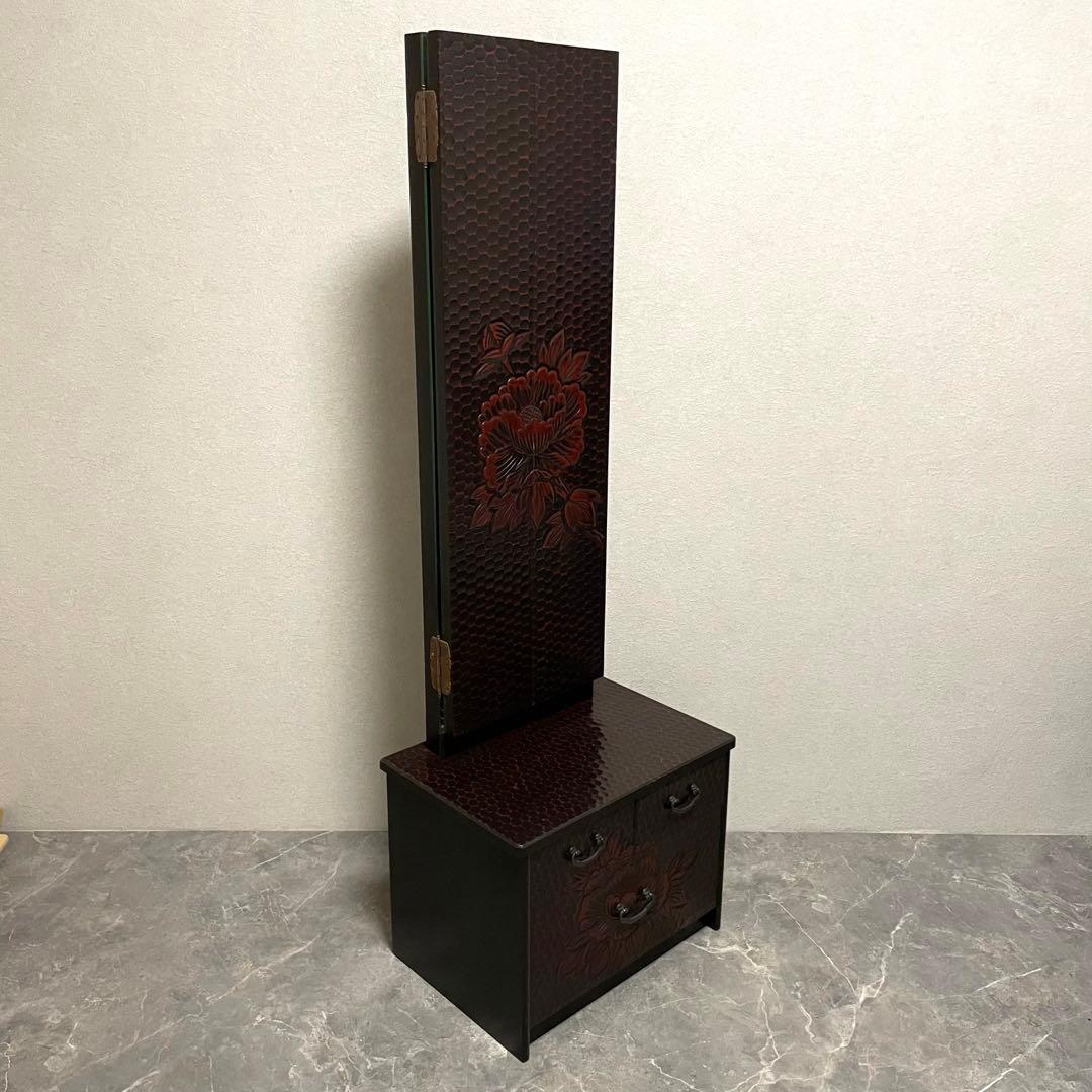 鎌倉彫 姿見　三面鏡 鏡台　彫刻 牡丹花 レトロ 最高級銅引鏡 ミエミラー