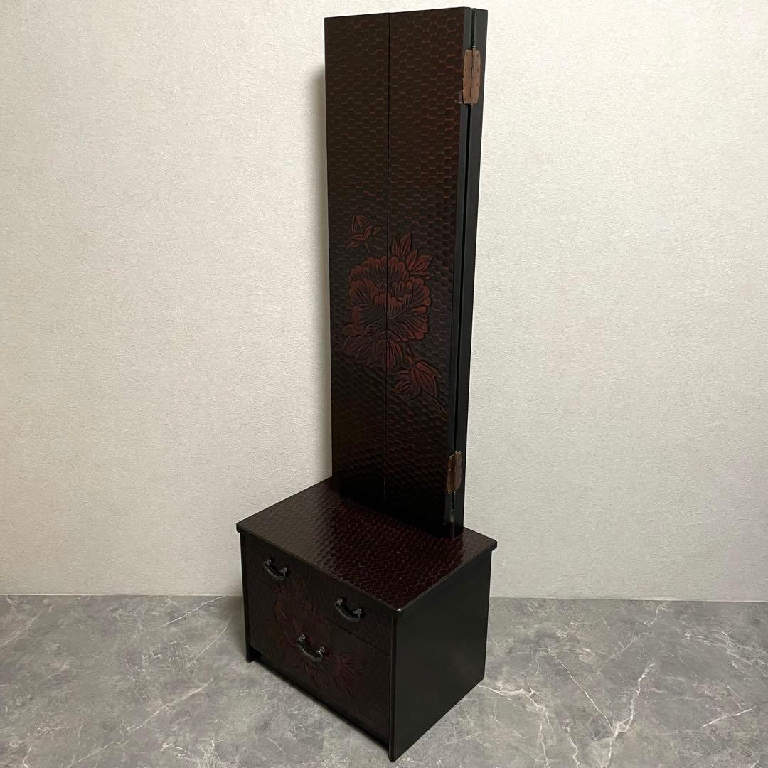 鎌倉彫 姿見　三面鏡 鏡台　彫刻 牡丹花 レトロ 最高級銅引鏡 ミエミラー