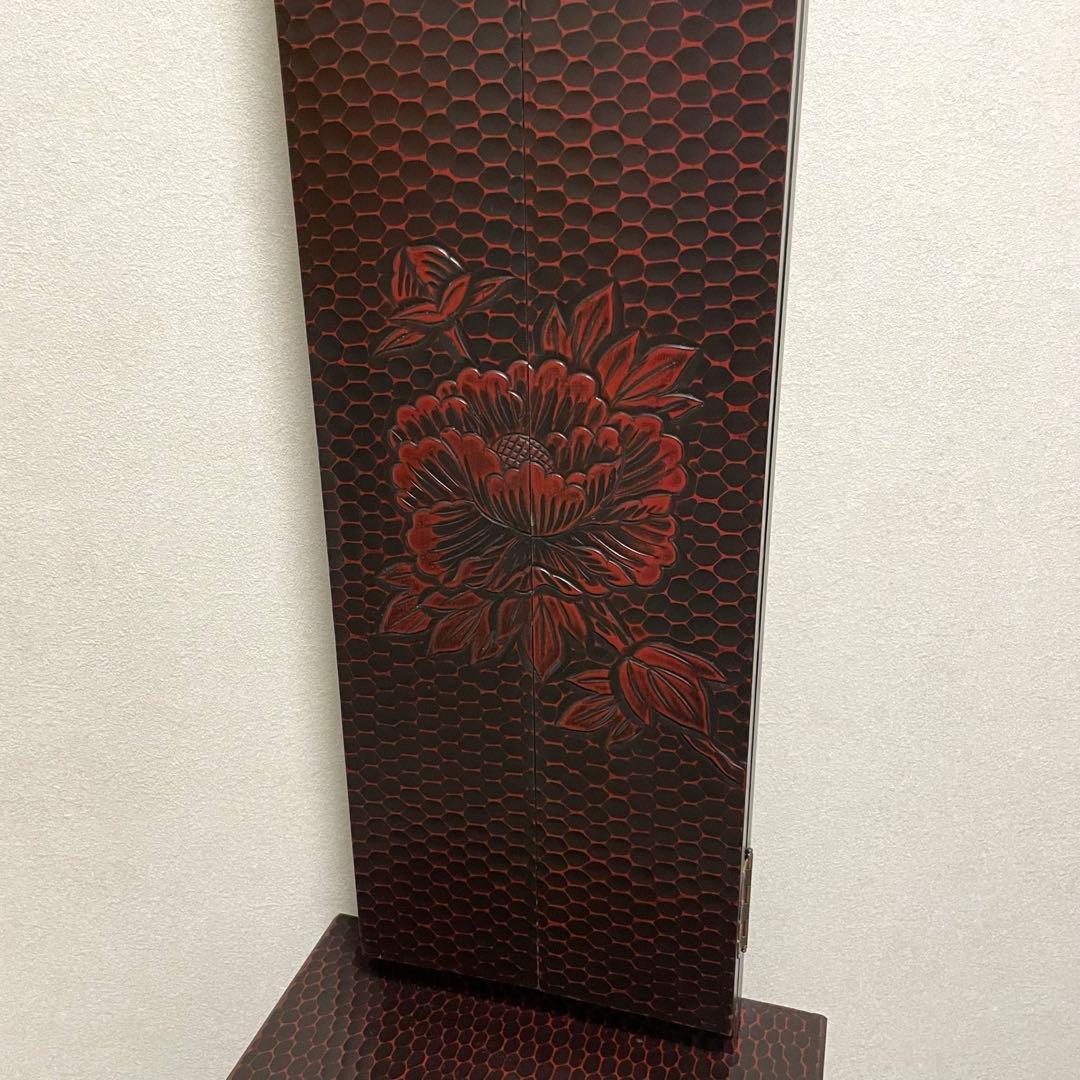 鎌倉彫 姿見　三面鏡 鏡台　彫刻 牡丹花 レトロ 最高級銅引鏡 ミエミラー