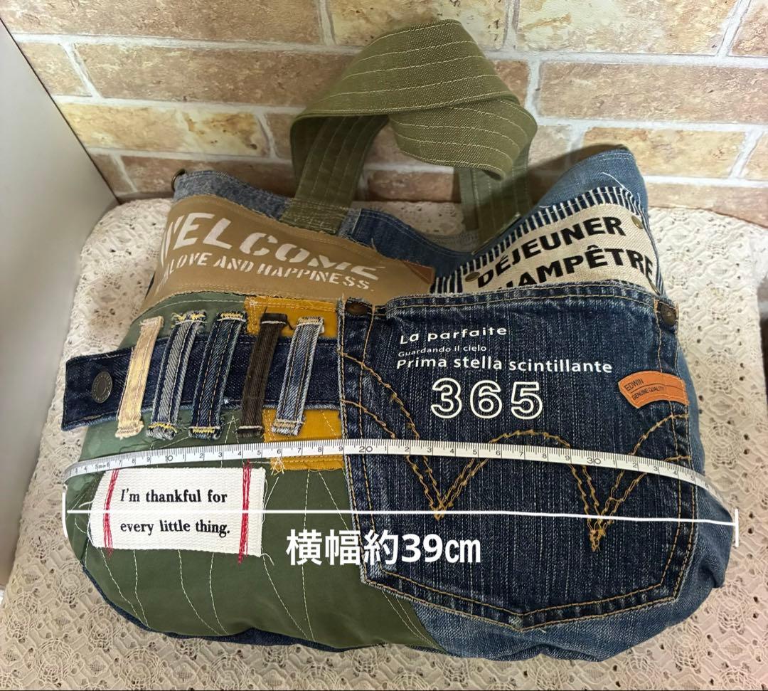 116.★ 大きめトートバッグ★デニムリメイク★Lサイズ★ショルダー紐付き