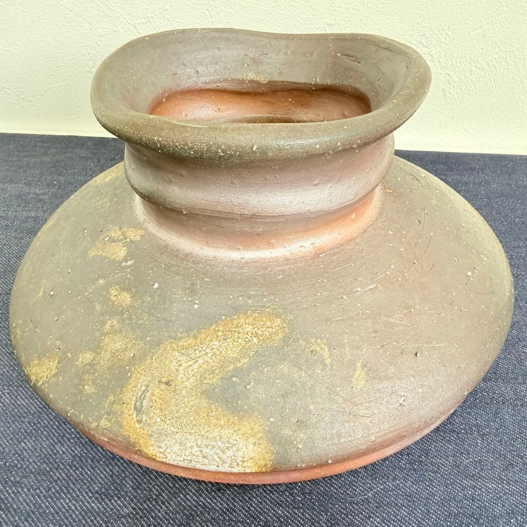 【名工】備前焼 中村和哉 造 緋襷 高台水盤 陶印「也」変形大皿 骨董