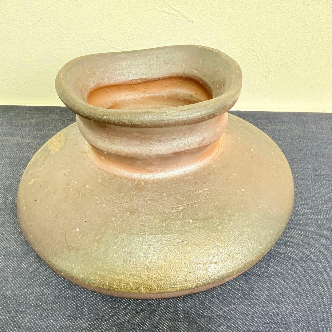 【名工】備前焼 中村和哉 造 緋襷 高台水盤 陶印「也」変形大皿 骨董