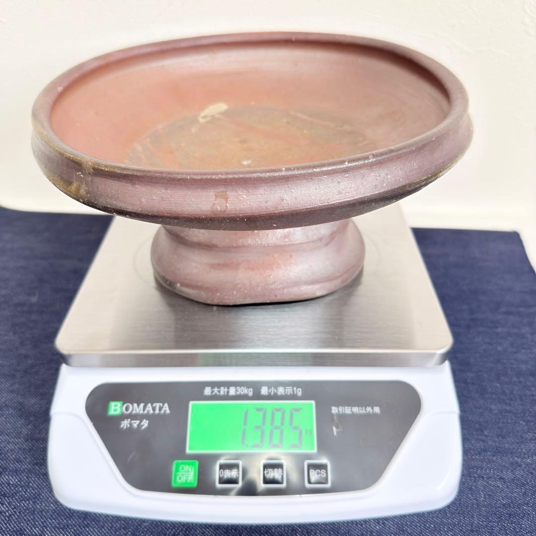 【名工】備前焼 中村和哉 造 緋襷 高台水盤 陶印「也」変形大皿 骨董