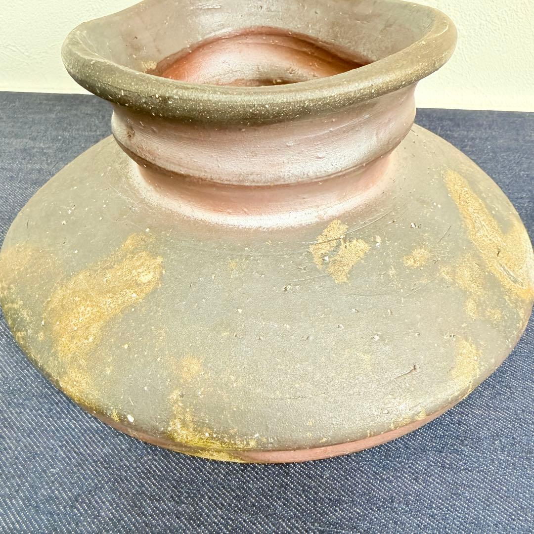 【名工】備前焼 中村和哉 造 緋襷 高台水盤 陶印「也」変形大皿 骨董