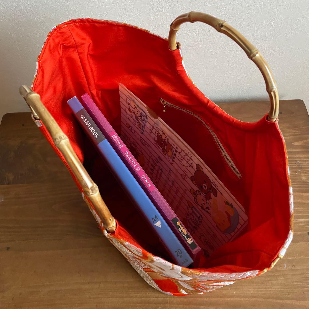 和風丸底トートバッグ A4サイズ対応 バンブーハンドルバッグ 華やか手さげ