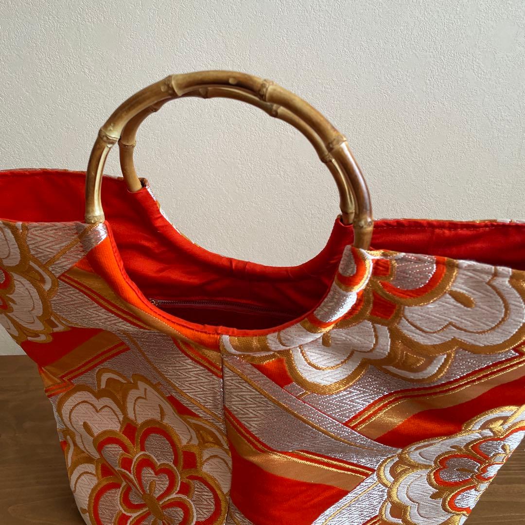 和風丸底トートバッグ A4サイズ対応 バンブーハンドルバッグ 華やか手さげ