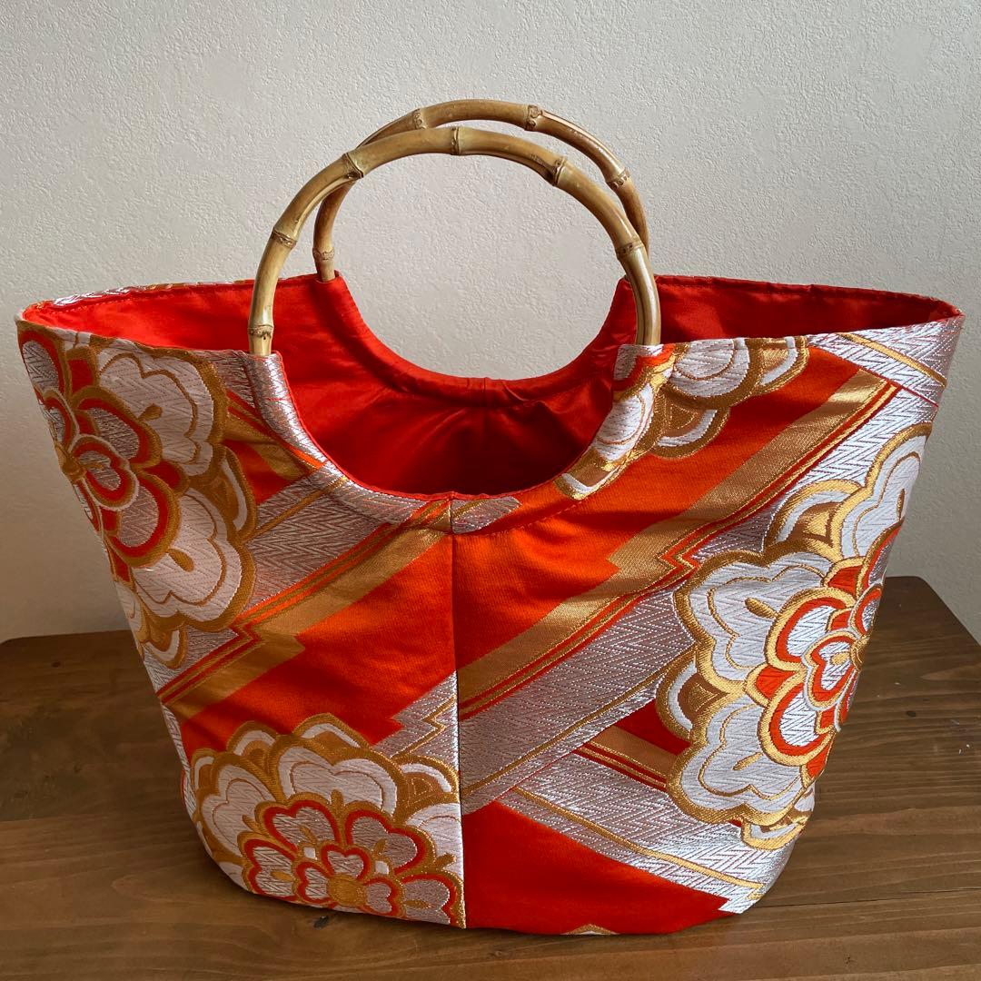 和風丸底トートバッグ A4サイズ対応 バンブーハンドルバッグ 華やか手さげ