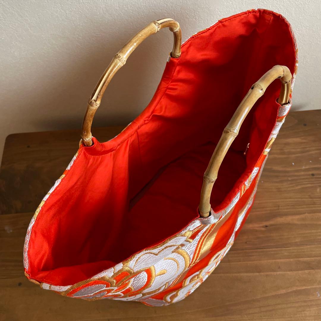 和風丸底トートバッグ A4サイズ対応 バンブーハンドルバッグ 華やか手さげ