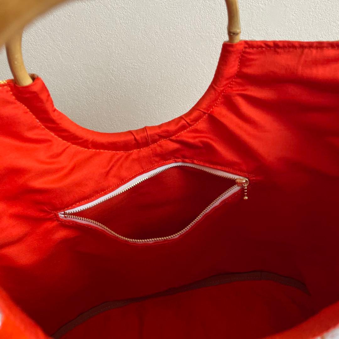 和風丸底トートバッグ A4サイズ対応 バンブーハンドルバッグ 華やか手さげ