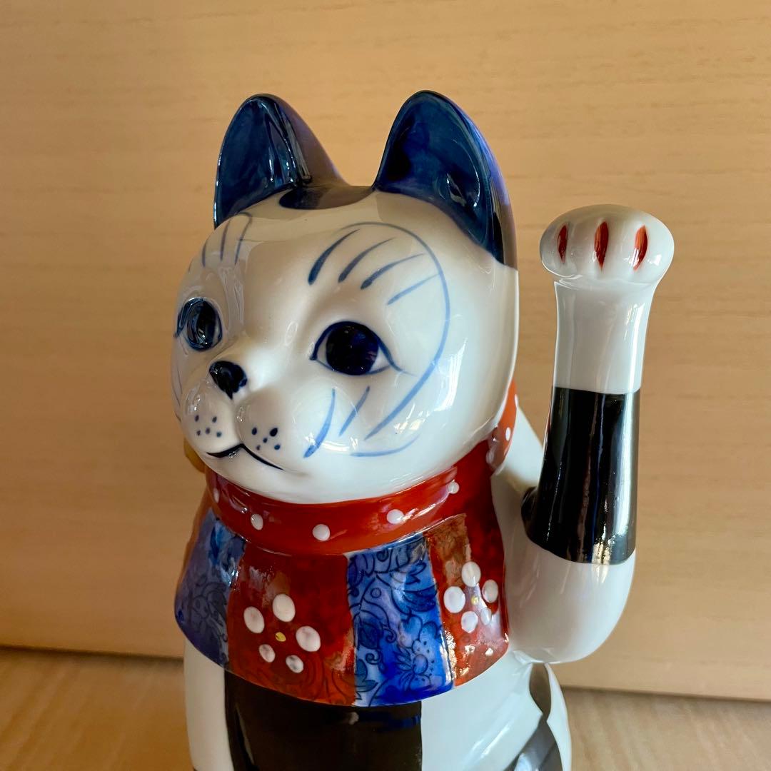 【未使用】赤絵市松猫　招き猫　瀬戸焼　左　まねきねこ　置物　縁起物
