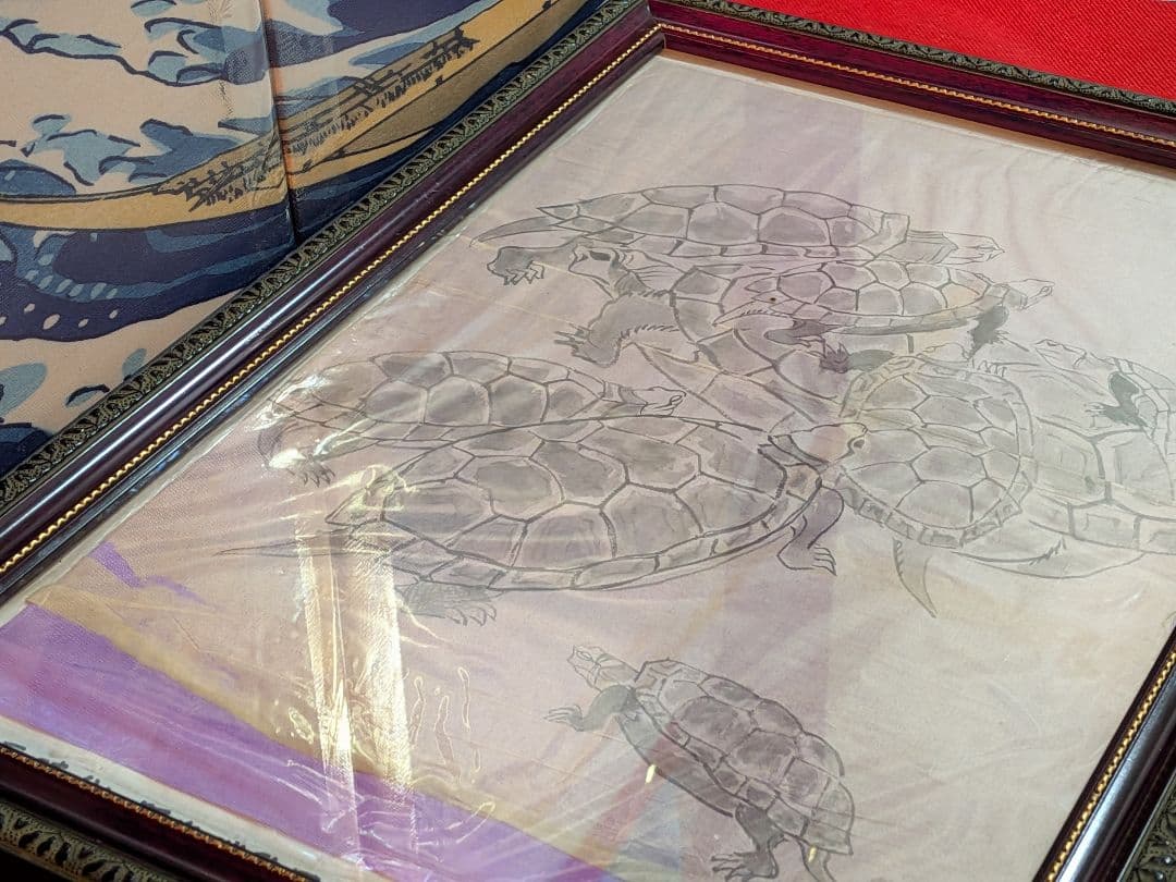 江戸時代後期頃阿波國蔵出狩野派絵師亀絵図墨描き縦４４Ｘ横３２㌢ガラス額装当時物品