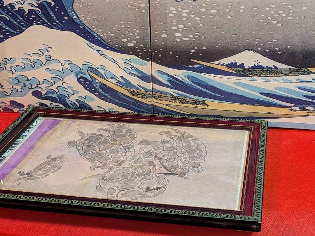 江戸時代後期頃阿波國蔵出狩野派絵師亀絵図墨描き縦４４Ｘ横３２㌢ガラス額装当時物品