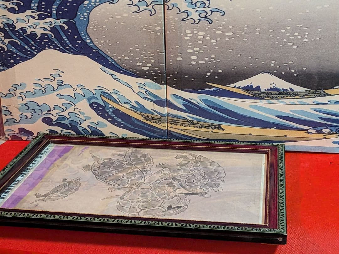 江戸時代後期頃阿波國蔵出狩野派絵師亀絵図墨描き縦４４Ｘ横３２㌢ガラス額装当時物品