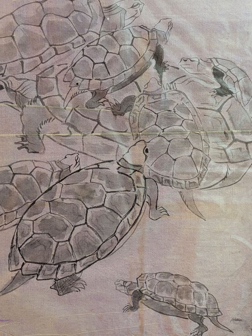 江戸時代後期頃阿波國蔵出狩野派絵師亀絵図墨描き縦４４Ｘ横３２㌢ガラス額装当時物品