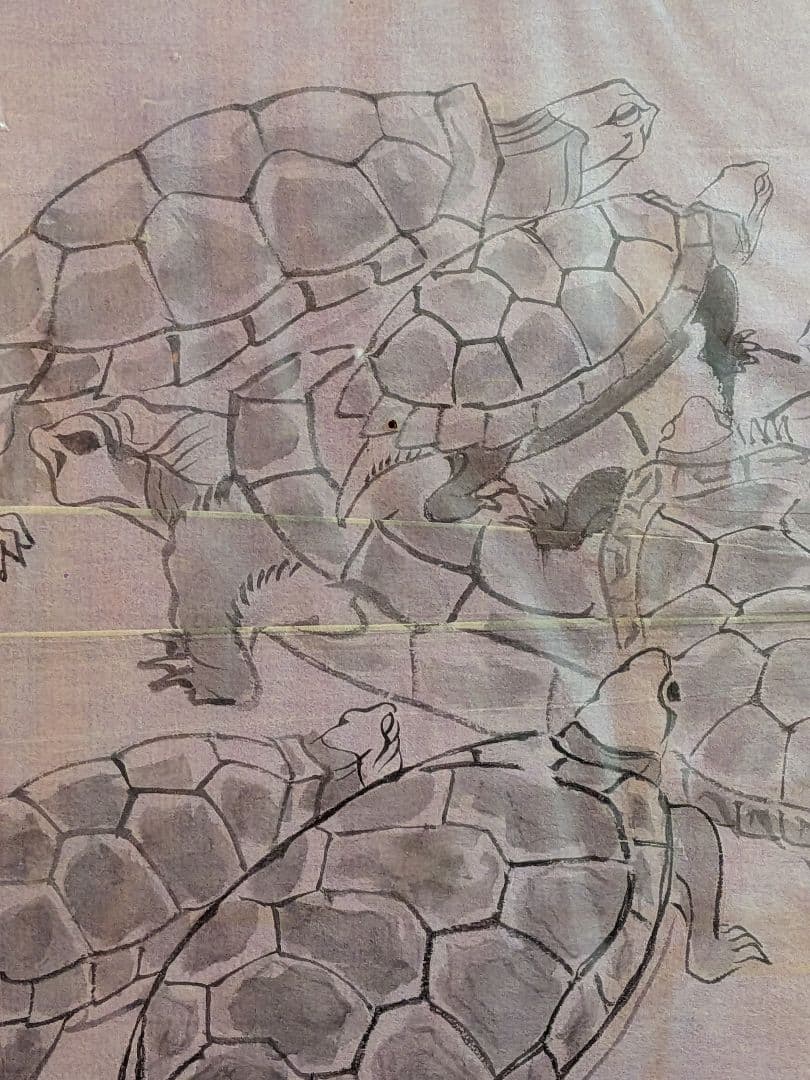 江戸時代後期頃阿波國蔵出狩野派絵師亀絵図墨描き縦４４Ｘ横３２㌢ガラス額装当時物品