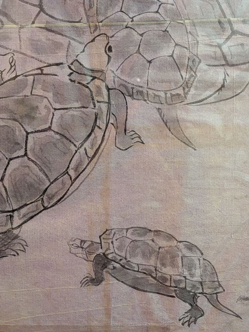 江戸時代後期頃阿波國蔵出狩野派絵師亀絵図墨描き縦４４Ｘ横３２㌢ガラス額装当時物品