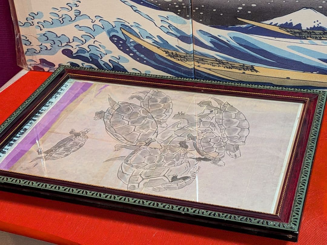 江戸時代後期頃阿波國蔵出狩野派絵師亀絵図墨描き縦４４Ｘ横３２㌢ガラス額装当時物品