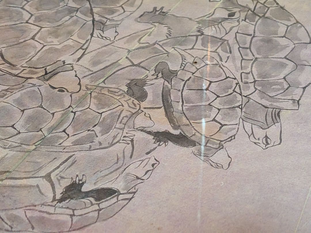 江戸時代後期頃阿波國蔵出狩野派絵師亀絵図墨描き縦４４Ｘ横３２㌢ガラス額装当時物品