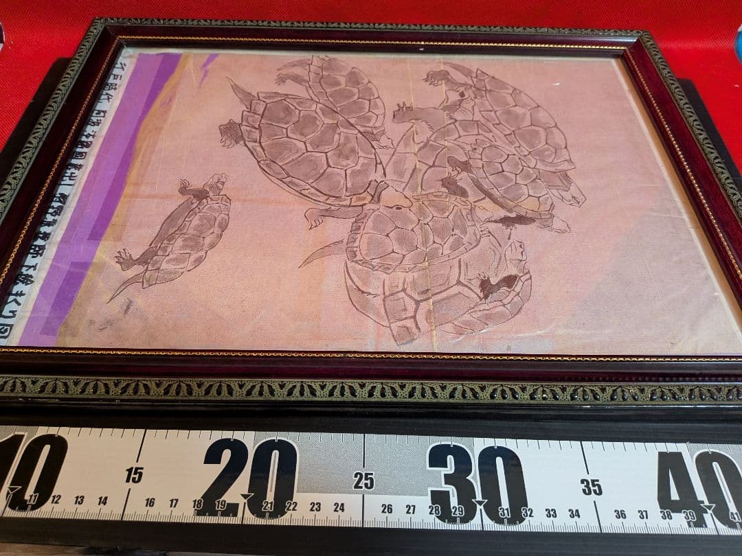江戸時代後期頃阿波國蔵出狩野派絵師亀絵図墨描き縦４４Ｘ横３２㌢ガラス額装当時物品