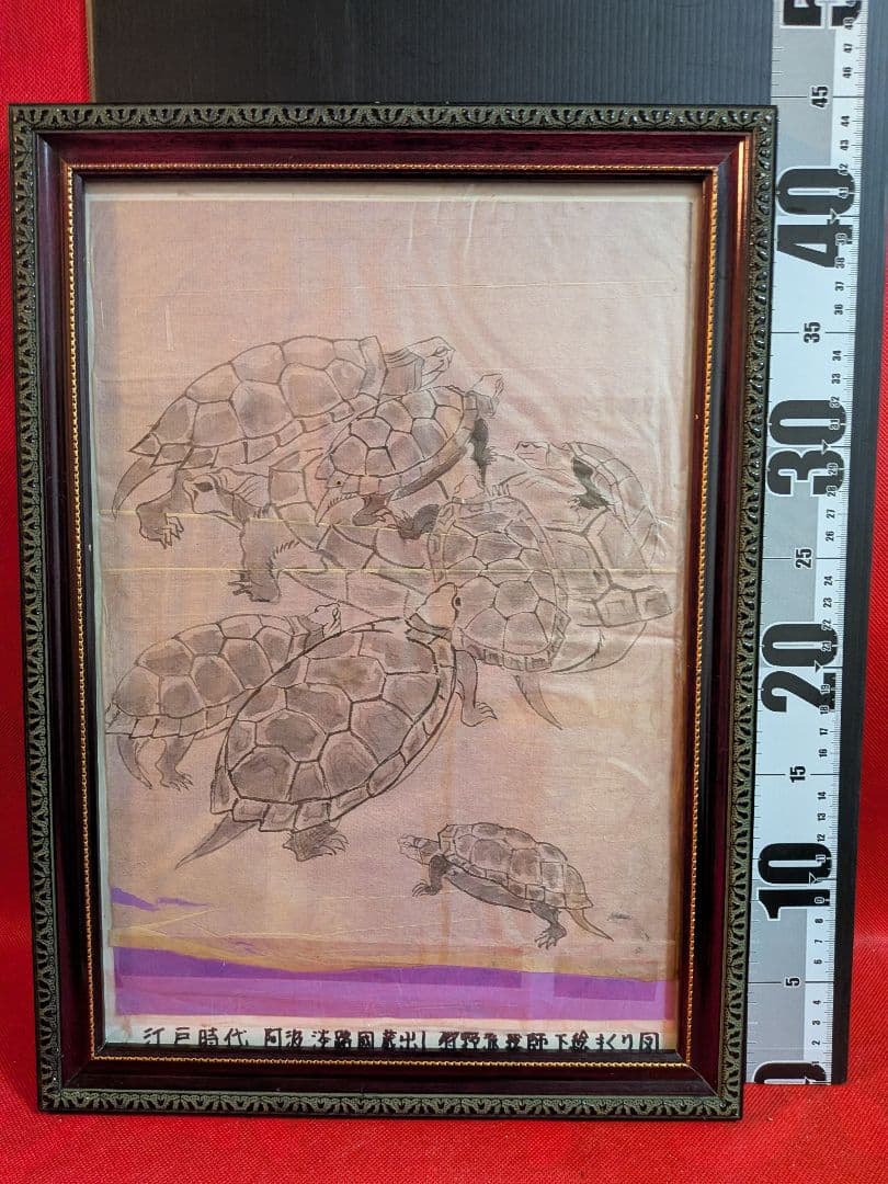 江戸時代後期頃阿波國蔵出狩野派絵師亀絵図墨描き縦４４Ｘ横３２㌢ガラス額装当時物品
