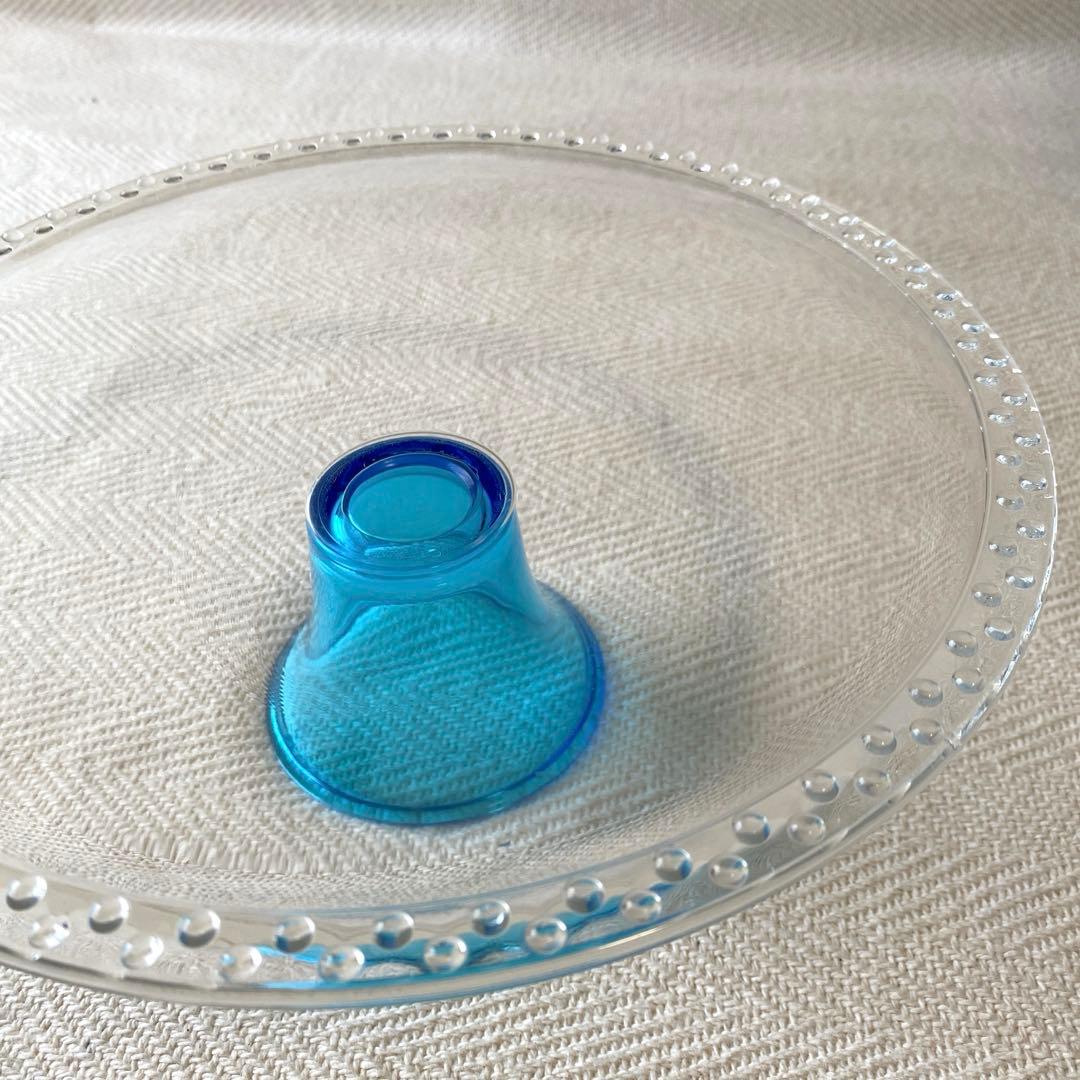 最終】昭和レトロ クリア ターコイズブルー高台 大皿フルーツコンポート佐々木硝子