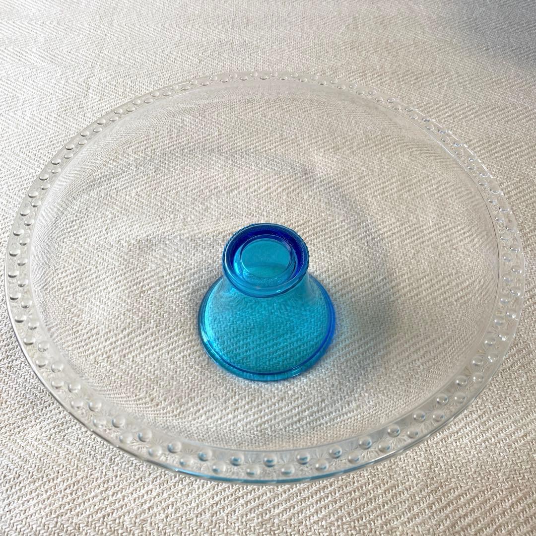 最終】昭和レトロ クリア ターコイズブルー高台 大皿フルーツコンポート佐々木硝子