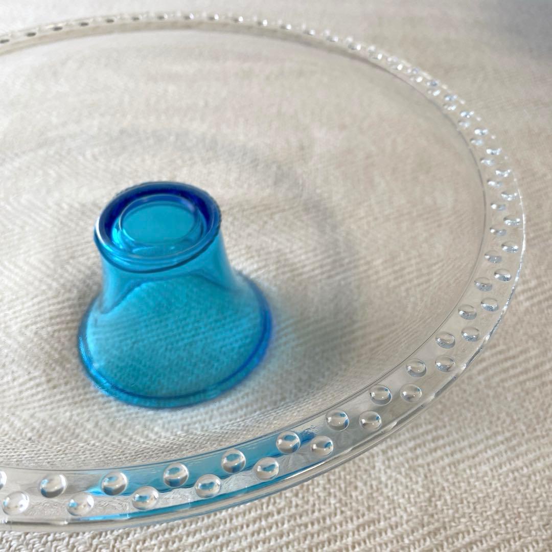 最終】昭和レトロ クリア ターコイズブルー高台 大皿フルーツコンポート佐々木硝子