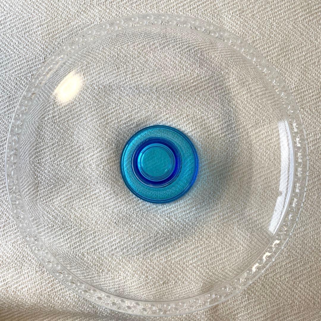 最終】昭和レトロ クリア ターコイズブルー高台 大皿フルーツコンポート佐々木硝子