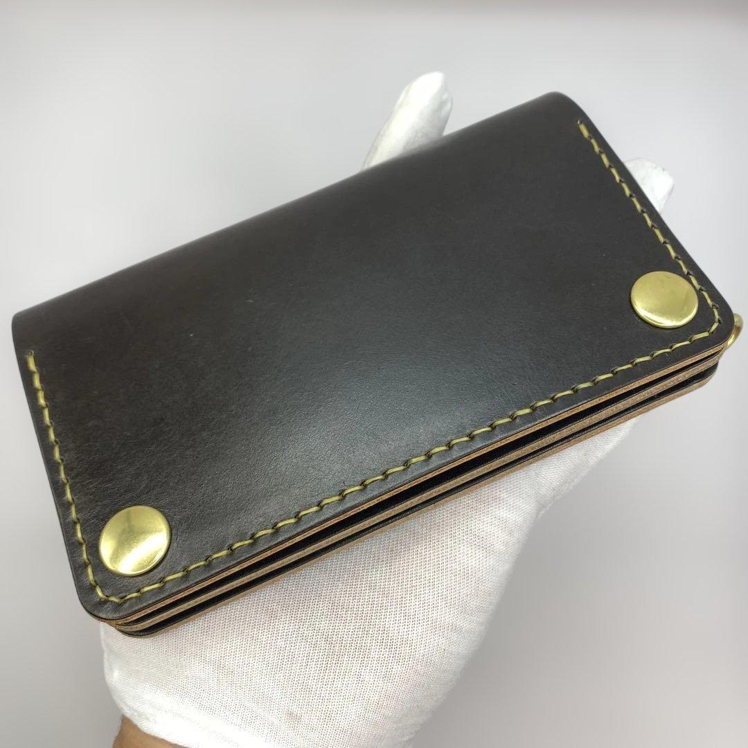 【無骨×上質】丘染めブラック／ミドルトラッカーウォレット 折らずにお札収納