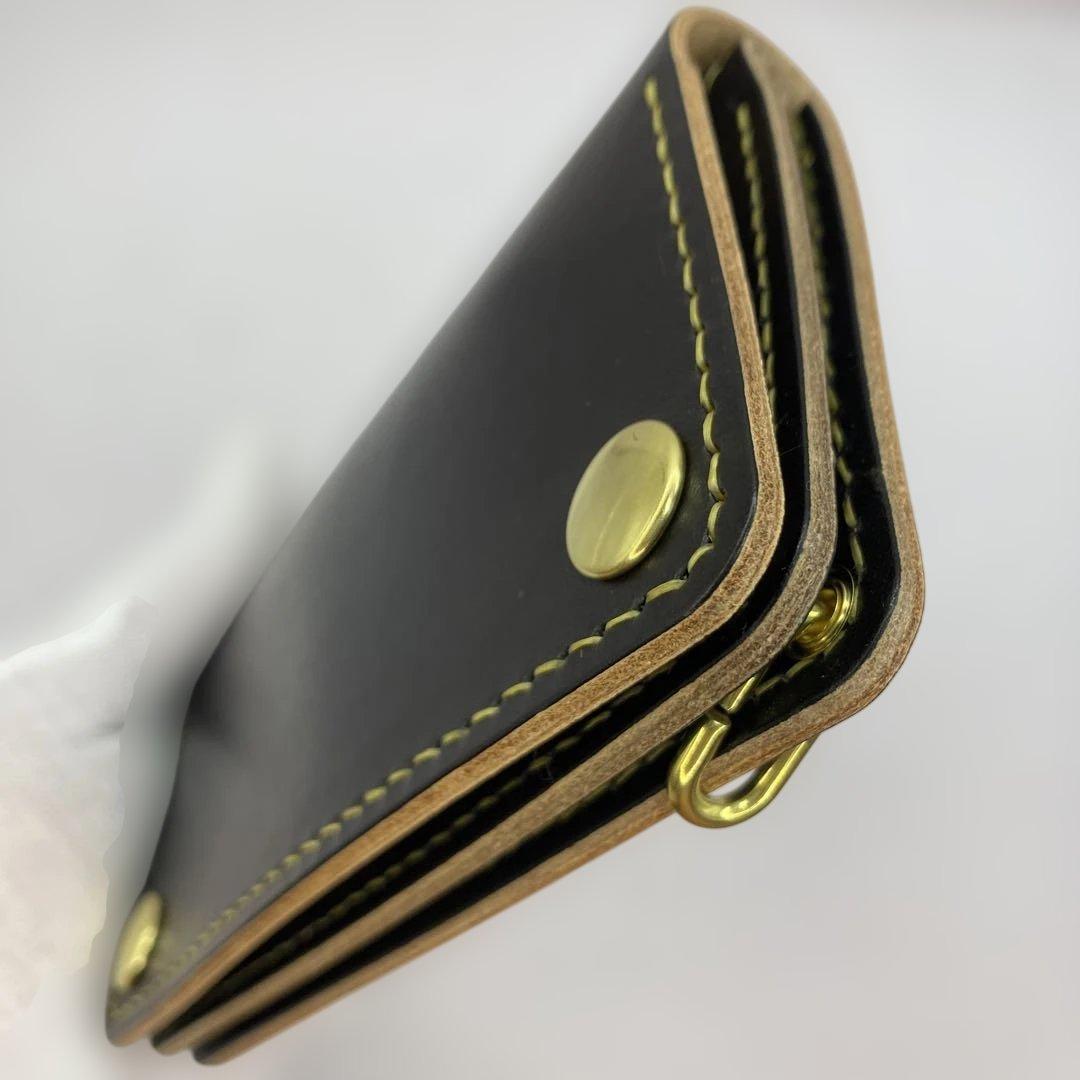 【無骨×上質】丘染めブラック／ミドルトラッカーウォレット 折らずにお札収納