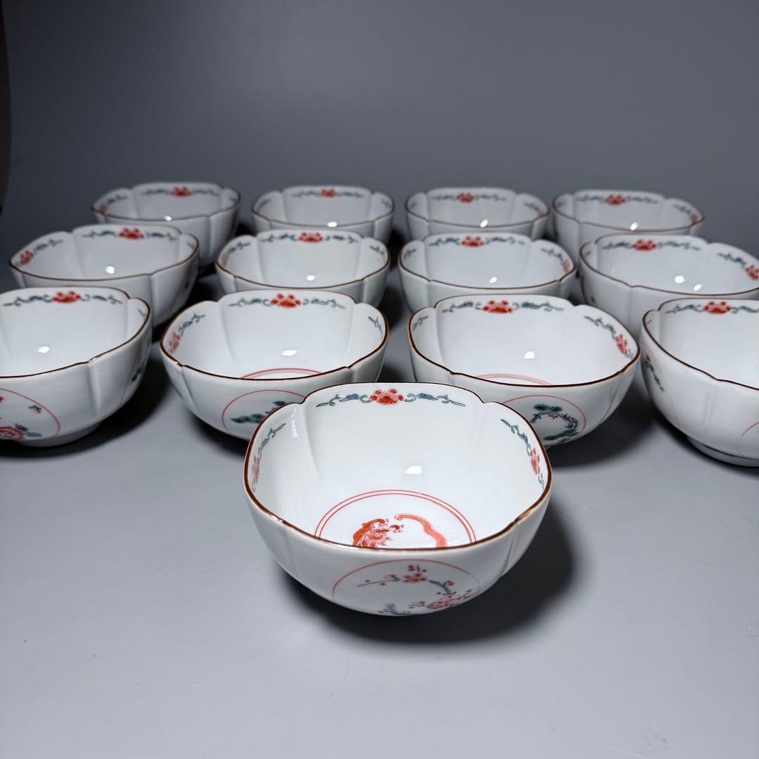 古伊万里　柿右衛門様式　向付　13客　赤絵龍図　竹に紅葉　梅　花蝶図　老松