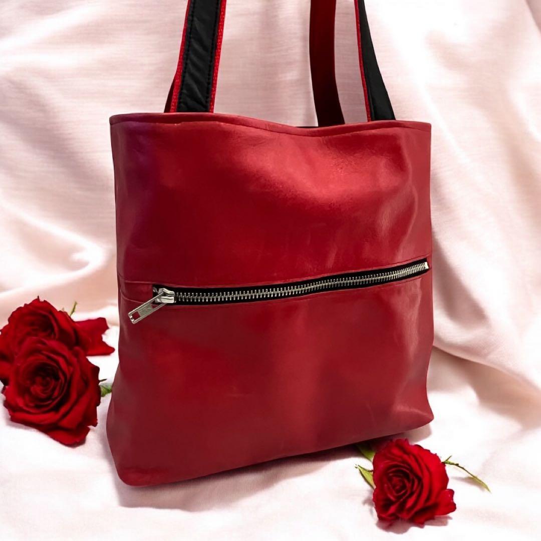 トートバッグ トート シンプル 本革 手作り クラフト 革職人 ハギレ レッド