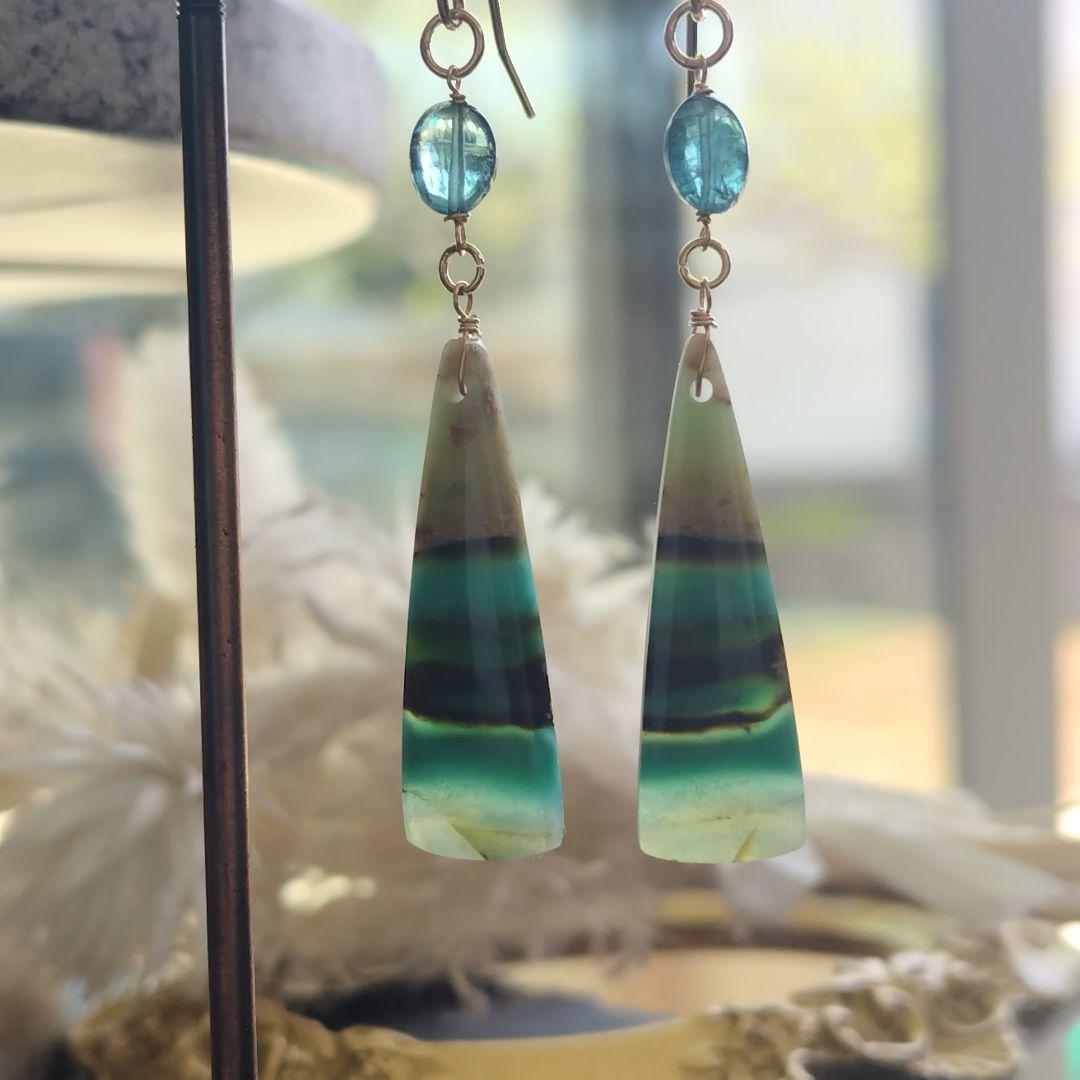 希少　オパライズドウッド　ブルートルマリン　ピアス　イヤリング　14kgf