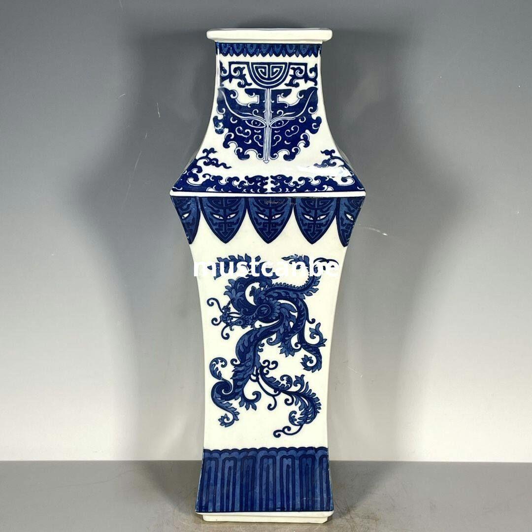 清乾隆青花龍紋四方瓶 景徳鎮 陶磁器 装飾品 現代工芸品 美術品 置物