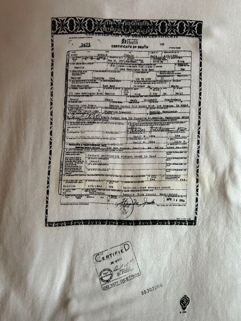 【激レア】90s カートコバーン　死亡診断書　NIRVANA Mサイズ