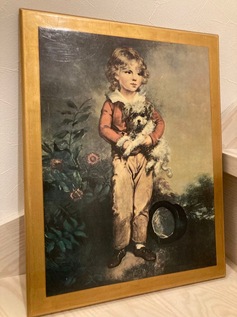 子供と犬の絵画 金色フレーム