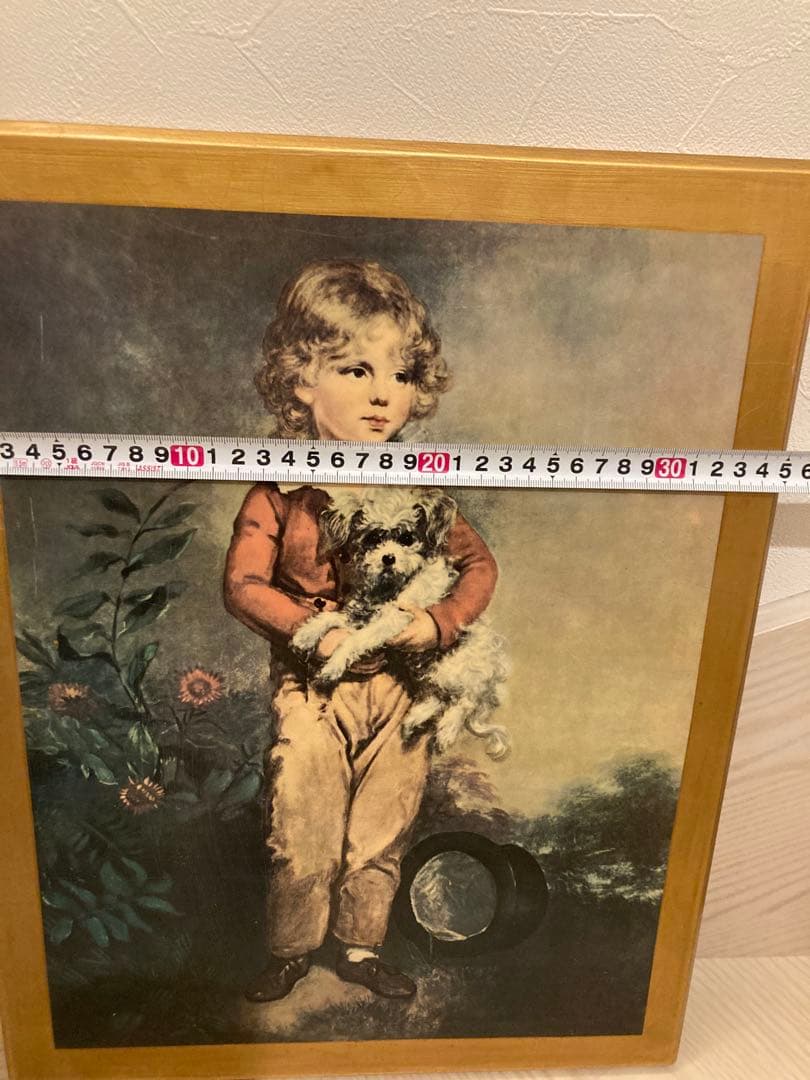 子供と犬の絵画 金色フレーム
