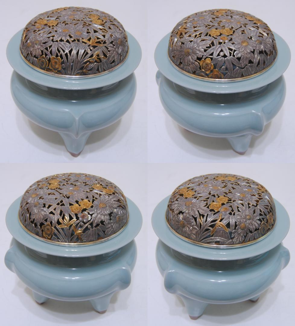 諏訪蘇山 青瓷 青磁 袴腰 純銀 信幸造 火舎 四君子 透 香炉 茶道具 古玩