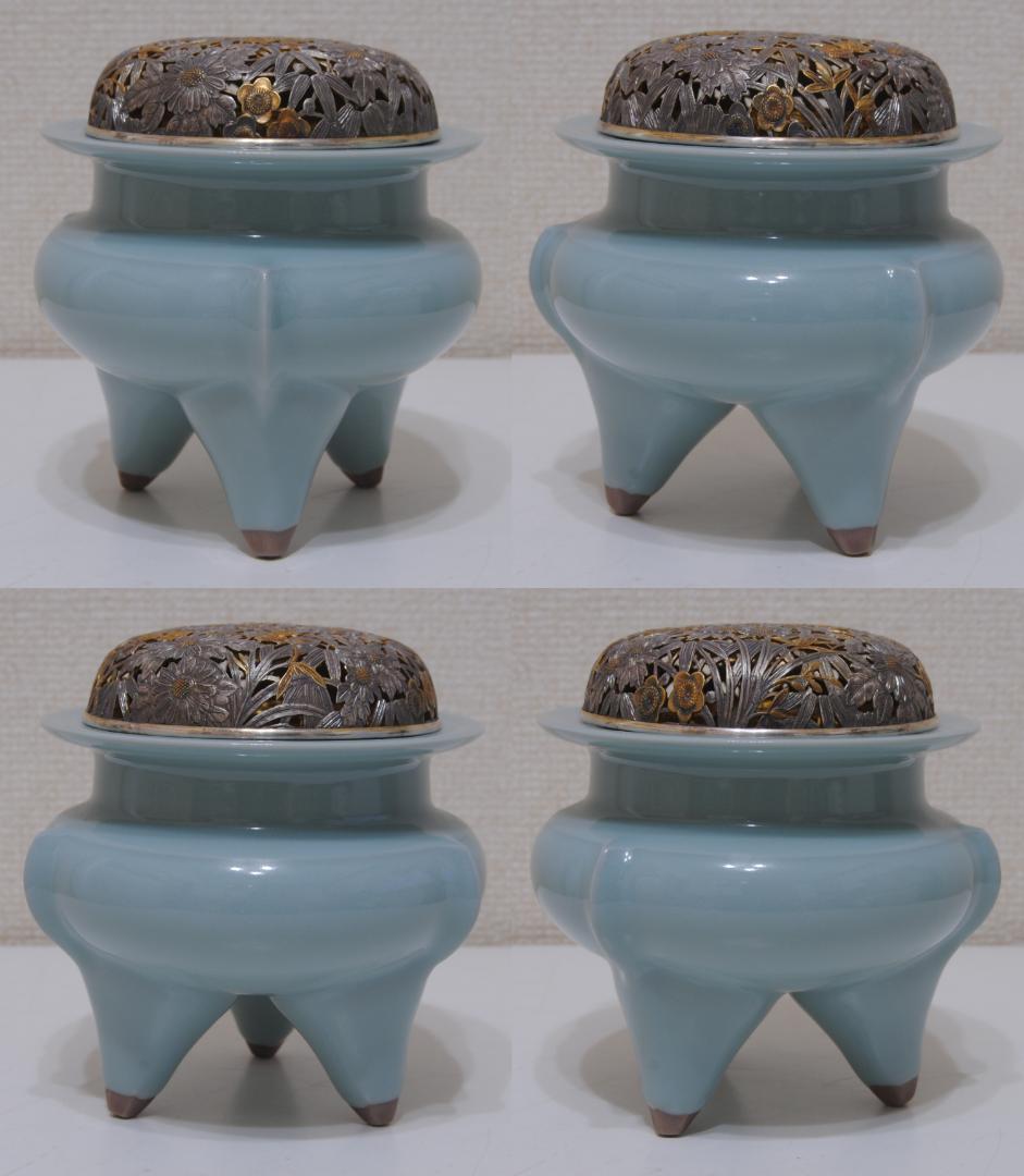 諏訪蘇山 青瓷 青磁 袴腰 純銀 信幸造 火舎 四君子 透 香炉 茶道具 古玩