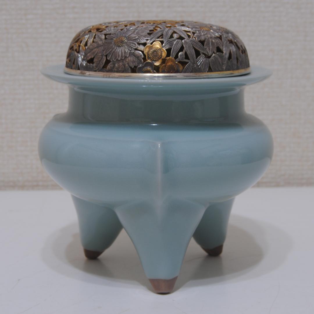 諏訪蘇山 青瓷 青磁 袴腰 純銀 信幸造 火舎 四君子 透 香炉 茶道具 古玩